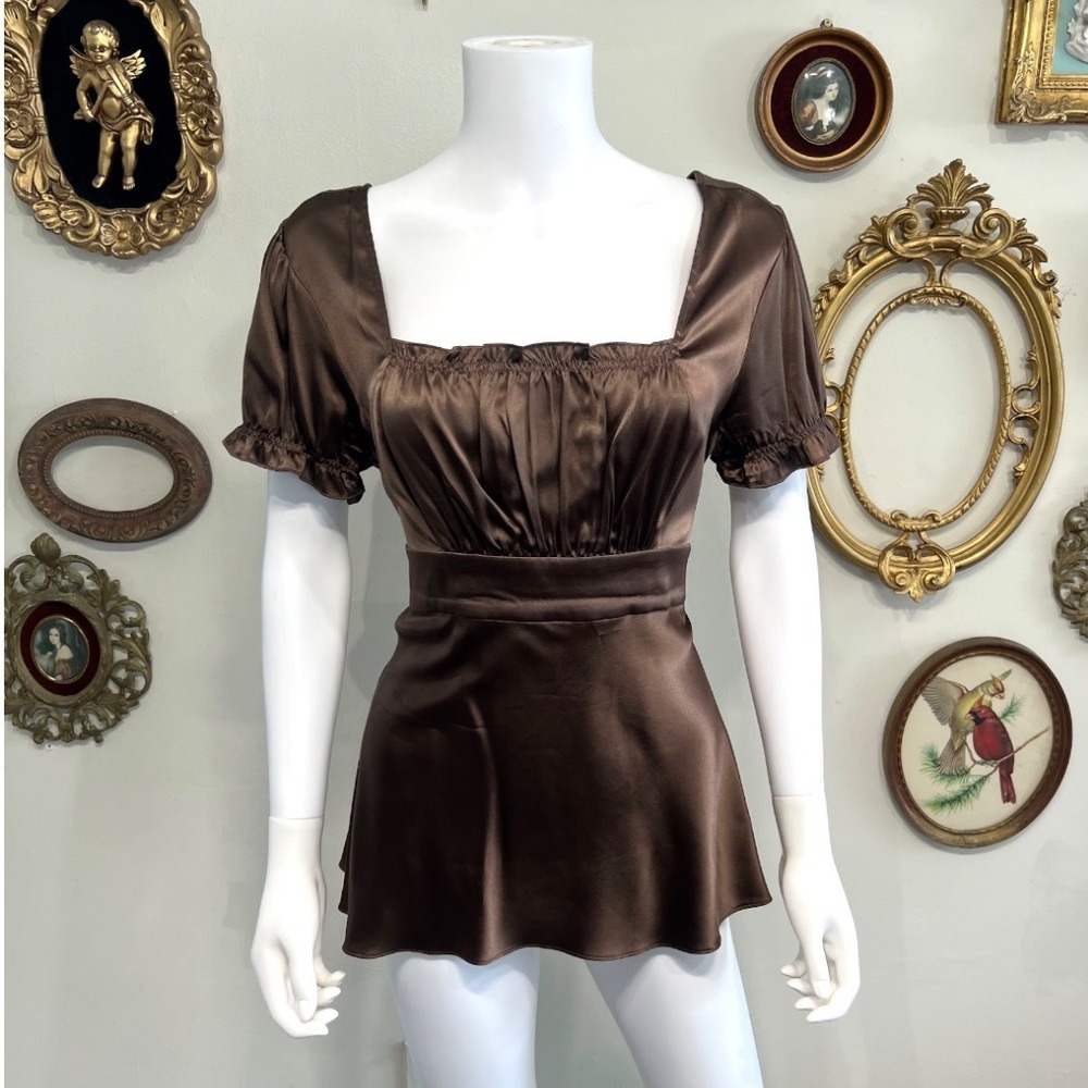 Vintage Express Brown Silk Satin Square Neck Puff Sleeve Tie Back Blouse Large